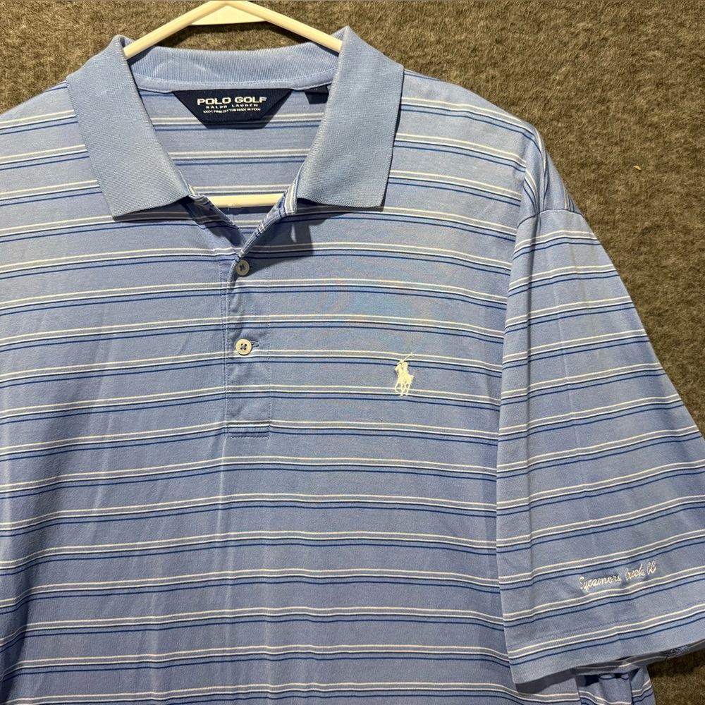 Polo Golf Ralph Lauren Polo Shirt Mens L blue striped Pima Cotton soft *has logo